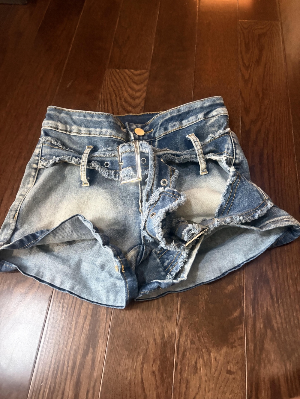 SHEIN Two-Tone Distressed Denim Shorts with Belt